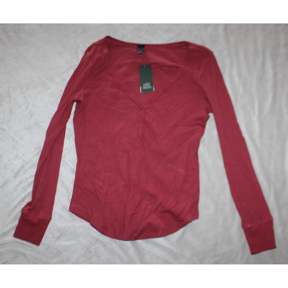 Wild Fable Rose red Henley Shirt Top Long Sleeve Ribbed Stretch Comfort Sz XL